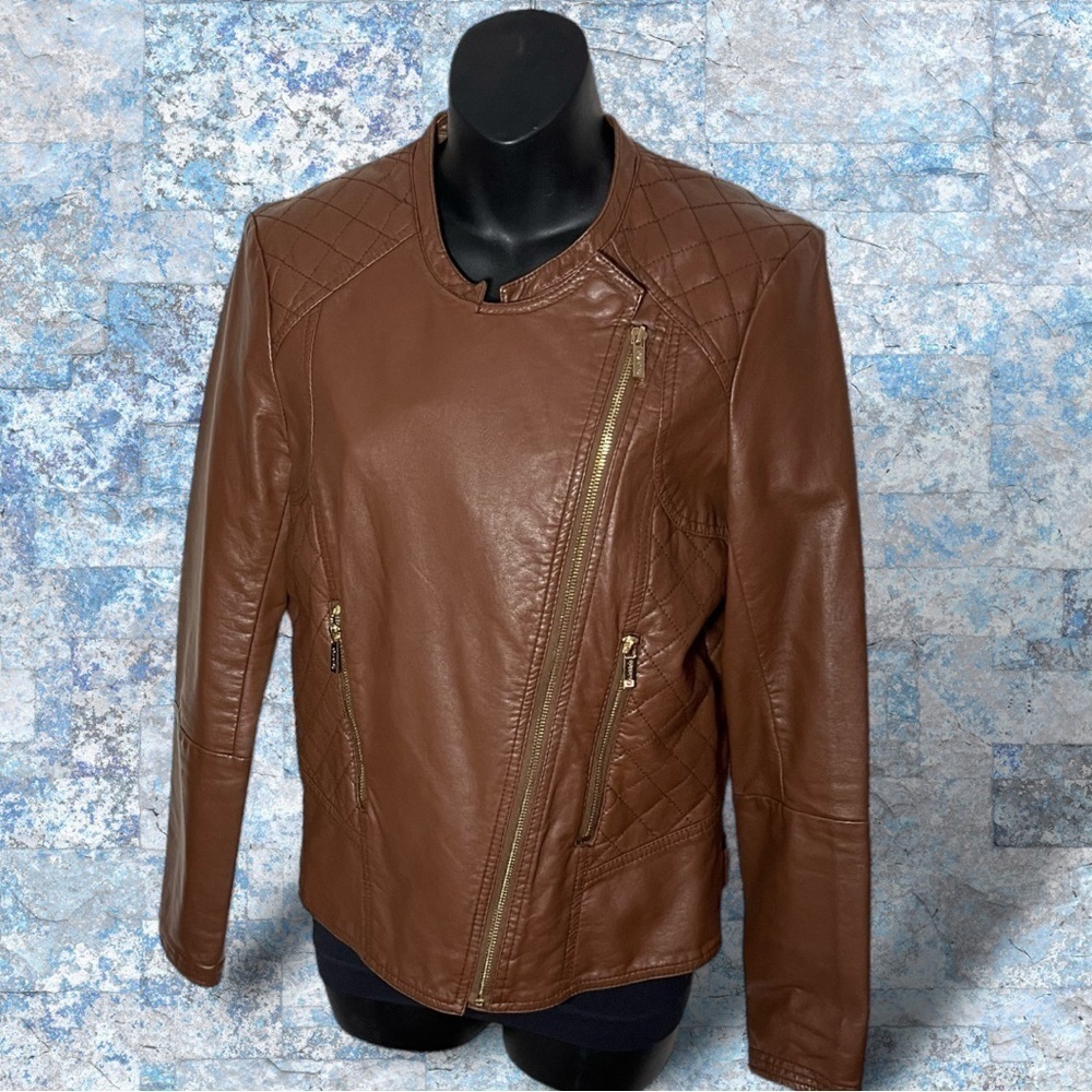 Calvin Klein Moto Jacket Caramel Brown Faux Leather Moto Jacket Size Small Gold